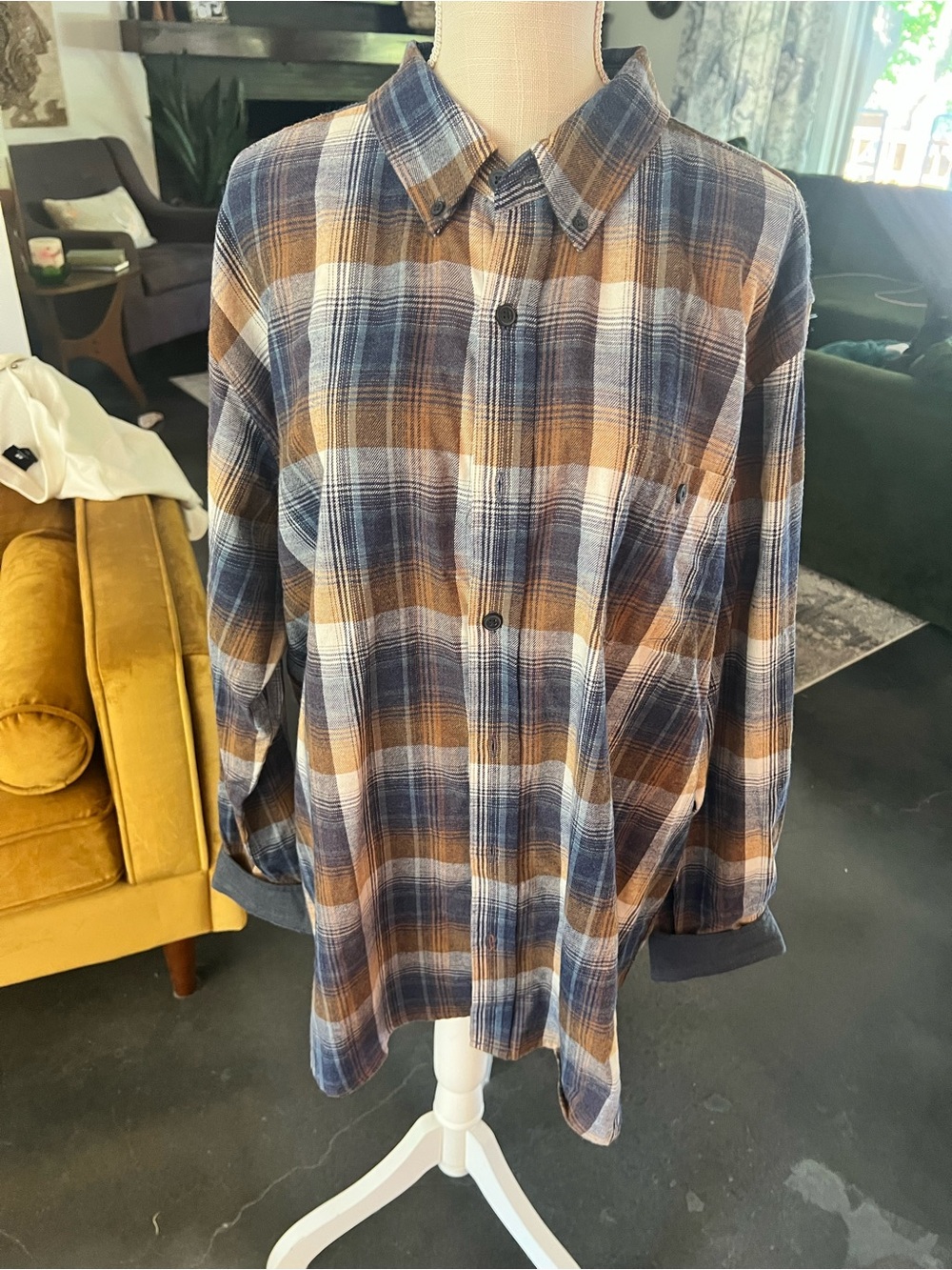 Weatherproof Plaid Button-Down Shirt in Blue and Brown